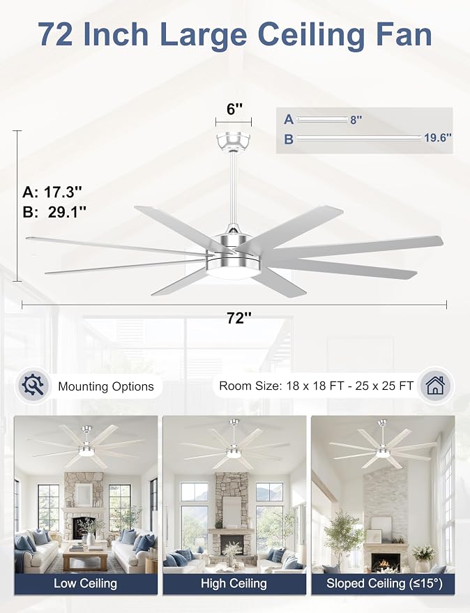 72'' Silver Ceiling Fans with Lights, 8 Blades Large Ceiling Fan Remote/APP Control, Dimmable, Silent Big Ceiling Fan for