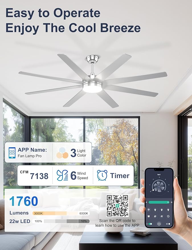 72'' Silver Ceiling Fans with Lights, 8 Blades Large Ceiling Fan Remote/APP Control, Dimmable, Silent Big Ceiling Fan for