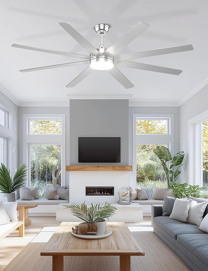 72'' Silver Ceiling Fans with Lights, 8 Blades Large Ceiling Fan Remote/APP Control, Dimmable, Silent Big Ceiling Fan for