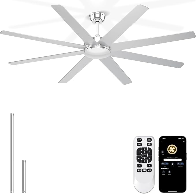 72'' Silver Ceiling Fans With No Lights, 8 Blades Large Ceiling Fan Remote/APP Control, Silent Shop Ceiling Fan for Garage