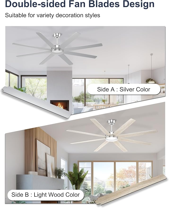 72'' Silver Ceiling Fans With No Lights, 8 Blades Large Ceiling Fan Remote/APP Control, Silent Shop Ceiling Fan for Garage