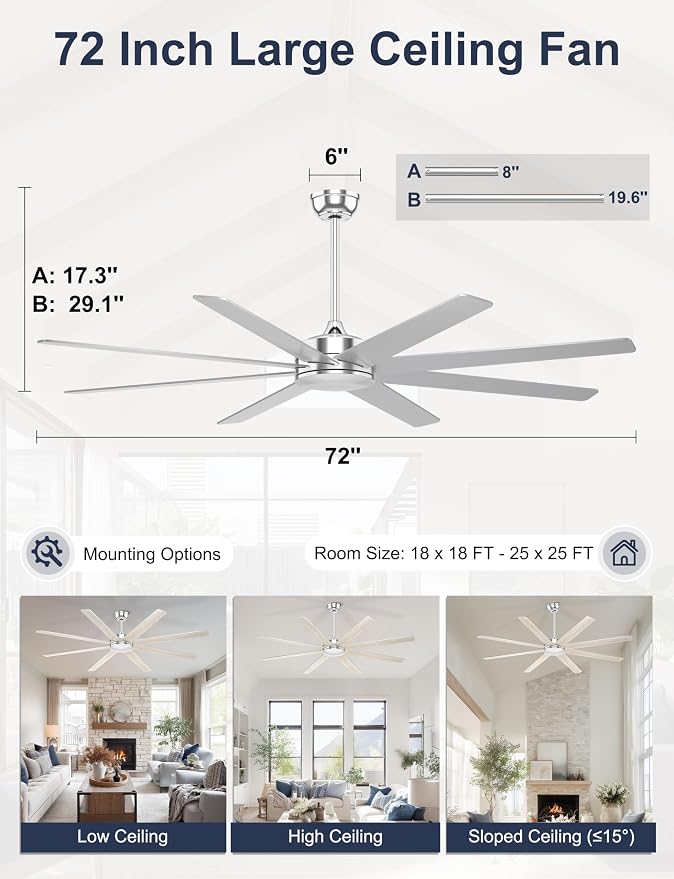 72'' Silver Ceiling Fans With No Lights, 8 Blades Large Ceiling Fan Remote/APP Control, Silent Shop Ceiling Fan for Garage