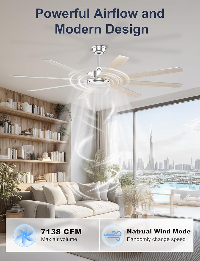 72'' Silver Ceiling Fans With No Lights, 8 Blades Large Ceiling Fan Remote/APP Control, Silent Shop Ceiling Fan for Garage