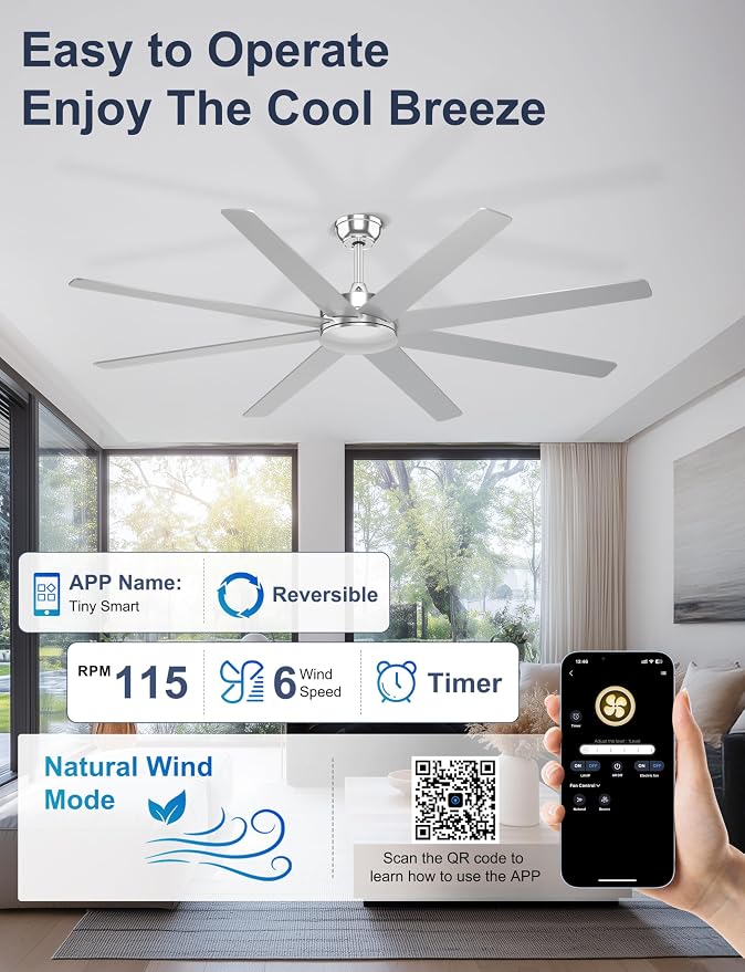 72'' Silver Ceiling Fans With No Lights, 8 Blades Large Ceiling Fan Remote/APP Control, Silent Shop Ceiling Fan for Garage
