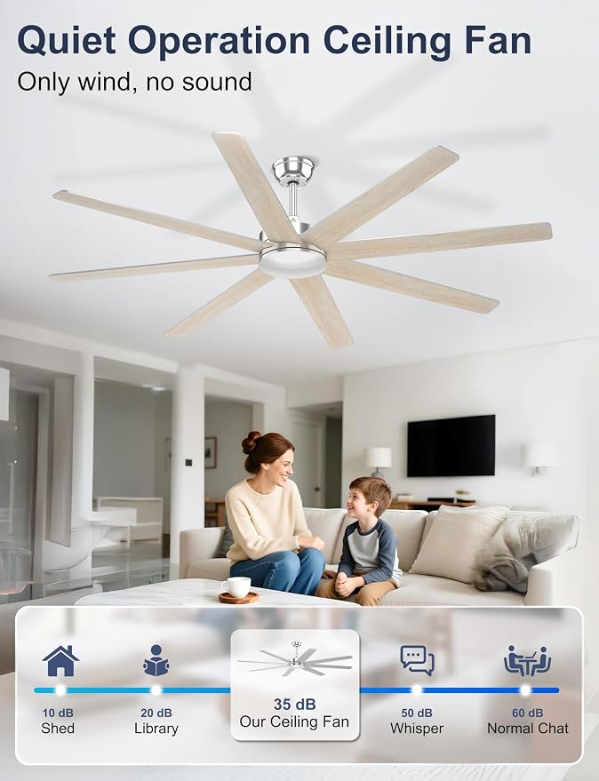 72'' Silver Ceiling Fans With No Lights, 8 Blades Large Ceiling Fan Remote/APP Control, Silent Shop Ceiling Fan for Garage