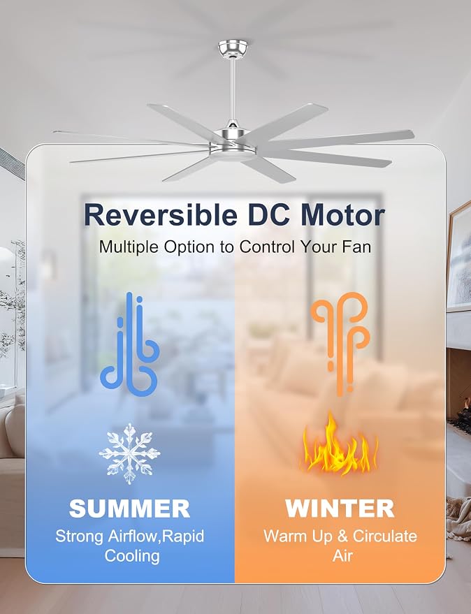 72'' Silver Ceiling Fans With No Lights, 8 Blades Large Ceiling Fan Remote/APP Control, Silent Shop Ceiling Fan for Garage
