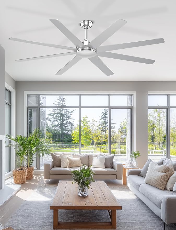 72'' Silver Ceiling Fans With No Lights, 8 Blades Large Ceiling Fan Remote/APP Control, Silent Shop Ceiling Fan for Garage