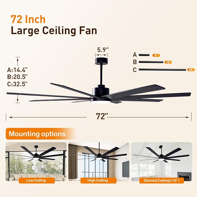 72In Modern Black Ceiling Fans with Light and Remote,6 Speed,3CCT,Quiet Reversible DC Motor Indoor Outdoor Ceiling Fan for