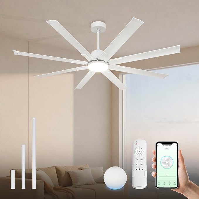 72In White Aluminum Ceiling Fan with Light,Smart ceiling fan with Alexa and APP(via WIFI),6 Speed,3CCT,Quiet DC Outdoor