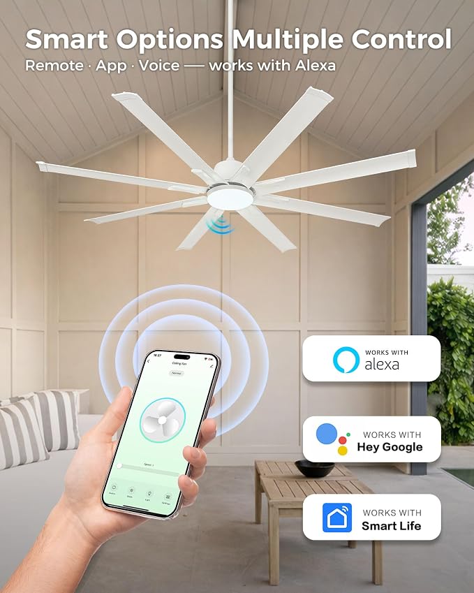 72In White Aluminum Ceiling Fan with Light,Smart ceiling fan with Alexa and APP(via WIFI),6 Speed,3CCT,Quiet DC Outdoor