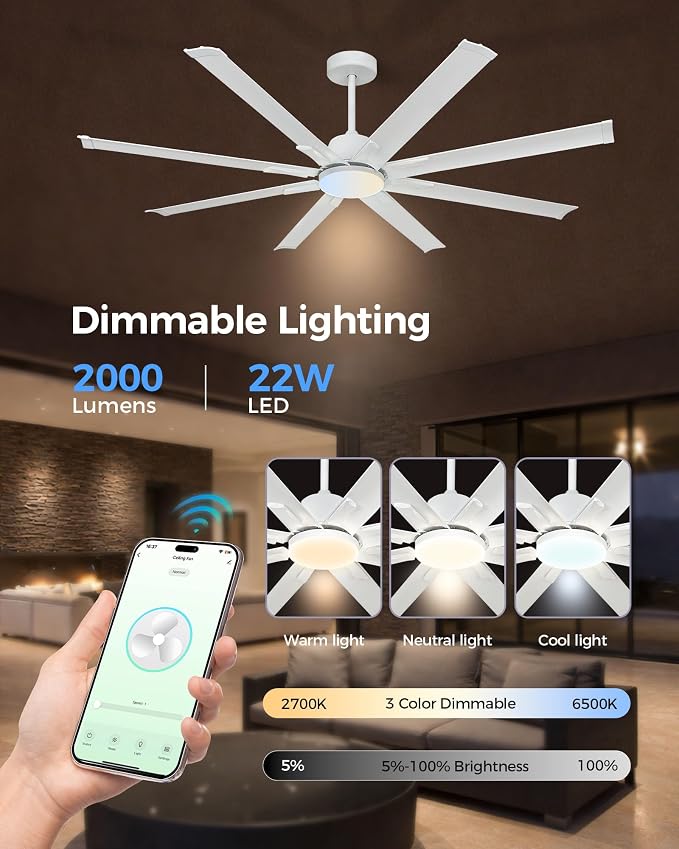 72In White Aluminum Ceiling Fan with Light,Smart ceiling fan with Alexa and APP(via WIFI),6 Speed,3CCT,Quiet DC Outdoor