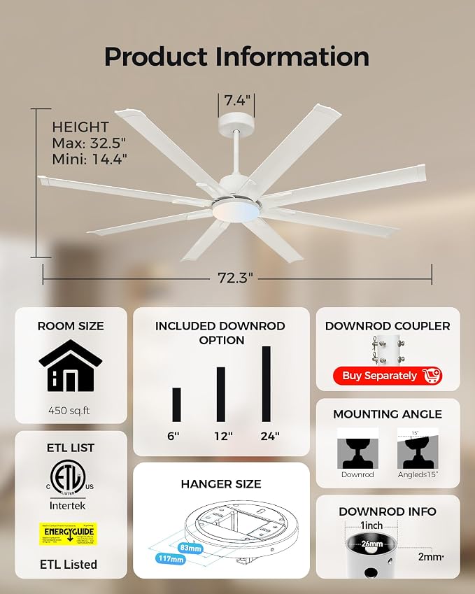 72In White Aluminum Ceiling Fan with Light,Smart ceiling fan with Alexa and APP(via WIFI),6 Speed,3CCT,Quiet DC Outdoor