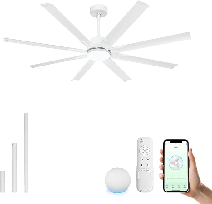 72In White Aluminum Ceiling Fan with Light,Smart ceiling fan with Alexa and APP(via WIFI),6 Speed,3CCT,Quiet DC Outdoor