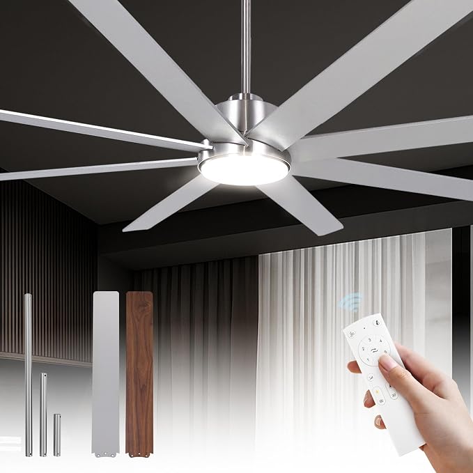 72Inch Large Brushed Nickel Ceiling Fans with Light and Remote Control,8 Wooden Blades,6-Speeed,3CCT,Quiet Reversible DC