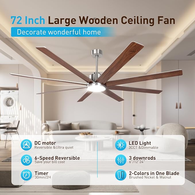 72Inch Large Brushed Nickel Ceiling Fans with Light and Remote Control,8 Wooden Blades,6-Speeed,3CCT,Quiet Reversible DC