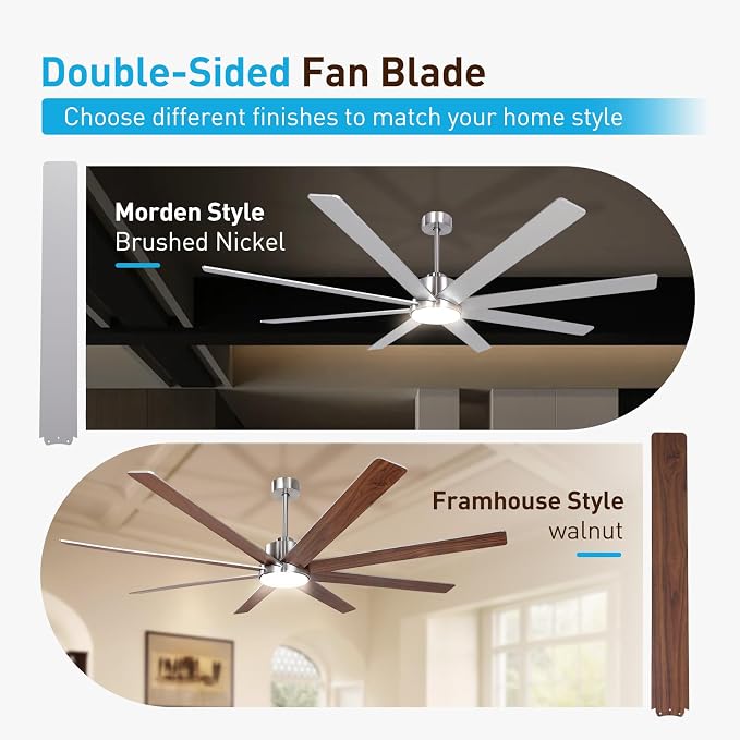 72Inch Large Brushed Nickel Ceiling Fans with Light and Remote Control,8 Wooden Blades,6-Speeed,3CCT,Quiet Reversible DC