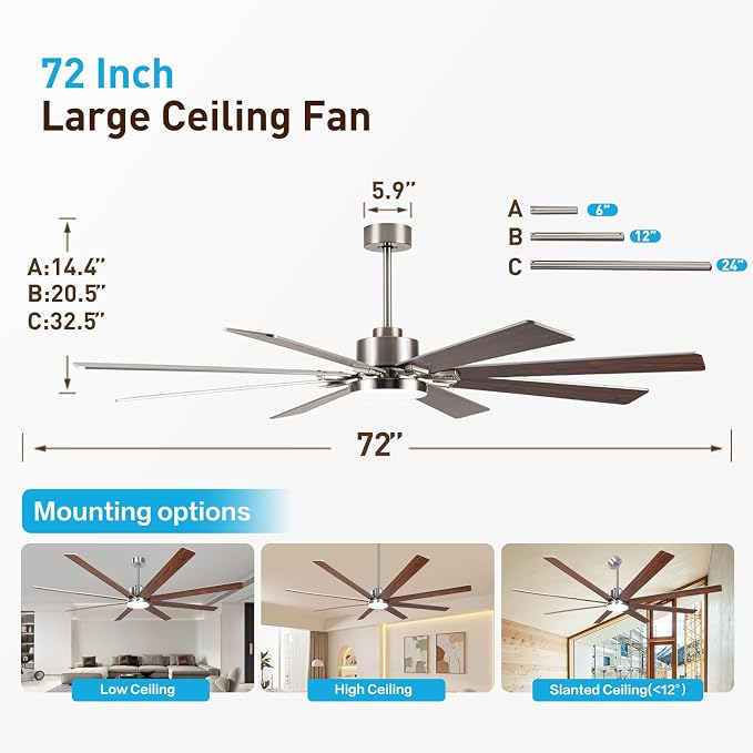 72Inch Large Brushed Nickel Ceiling Fans with Light and Remote Control,8 Wooden Blades,6-Speeed,3CCT,Quiet Reversible DC