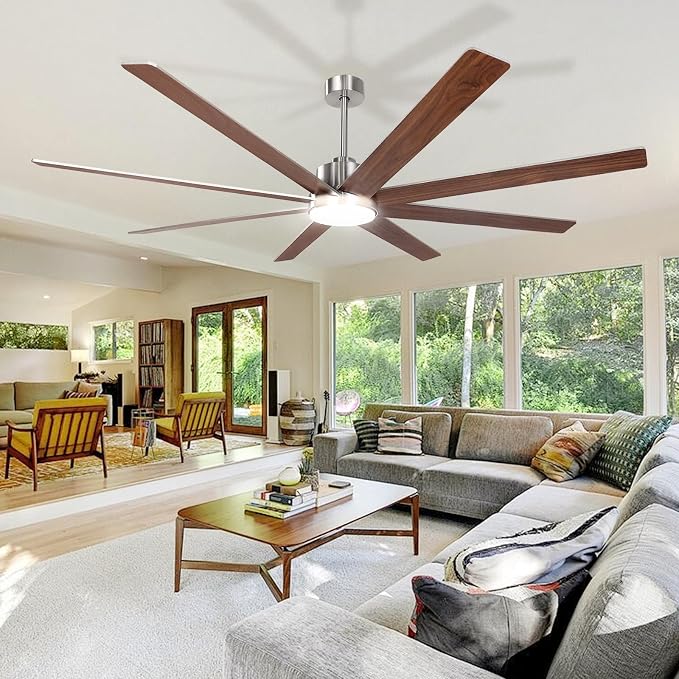 72Inch Large Brushed Nickel Ceiling Fans with Light and Remote Control,8 Wooden Blades,6-Speeed,3CCT,Quiet Reversible DC