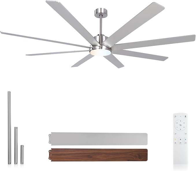 72Inch Large Brushed Nickel Ceiling Fans with Light and Remote Control,8 Wooden Blades,6-Speeed,3CCT,Quiet Reversible DC
