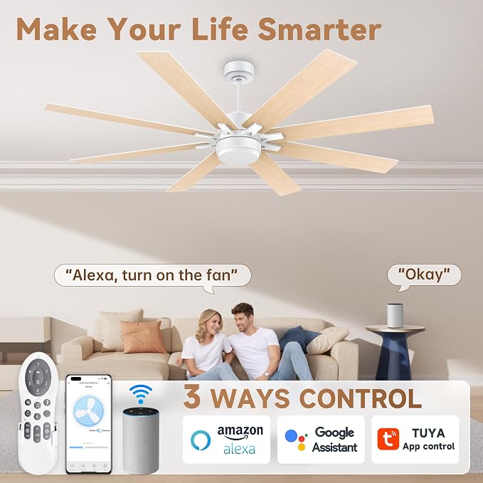 72Inch Large Smart Ceiling Fans with Lights Remote,Control via WIFI Alexa Google App,Modern Outdoor Indoor Ceiling Fan for
