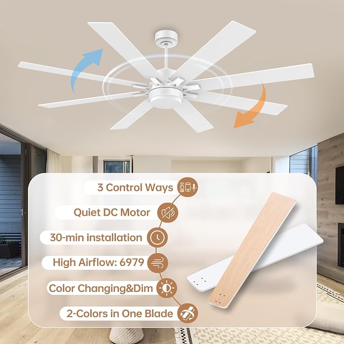 72Inch Large Smart Ceiling Fans with Lights Remote,Control via WIFI Alexa Google App,Modern Outdoor Indoor Ceiling Fan for