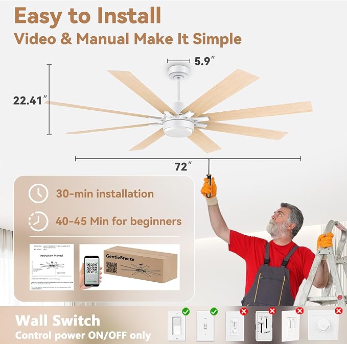 72Inch Large Smart Ceiling Fans with Lights Remote,Control via WIFI Alexa Google App,Modern Outdoor Indoor Ceiling Fan for