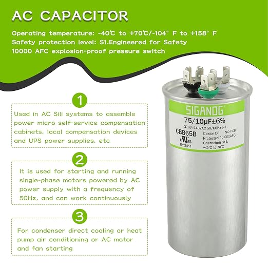 75/10 uF 75+10 MFD 370V or 440V CBB65 Dual Run Start Round Capacitor 75 10 uF MFD 370 440 Volt VAC for Condenser, alternate