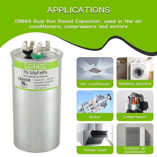 75/10 uF 75+10 MFD 370V or 440V CBB65 Dual Run Start Round Capacitor 75 10 uF MFD 370 440 Volt VAC for Condenser, alternate