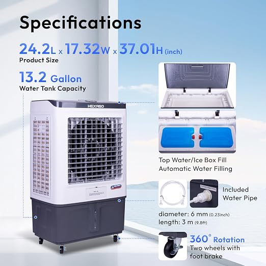 7500 CFM Evaporative Air Cooler, Swamp Cooler With 13.2 Gal Tank, Remote, 24H Timer, Oscillation, 3 Speeds, Portable swamp