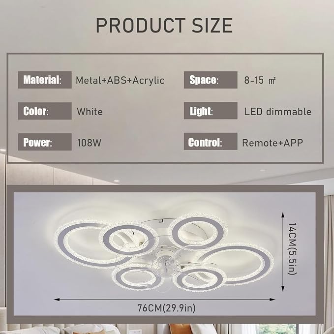 76CM Smart Ceiling Light with Fan DC Motor 6 Gear Reversible Bedroom Ceiling Fan with Lighting LED Dimmable Quiet Modern