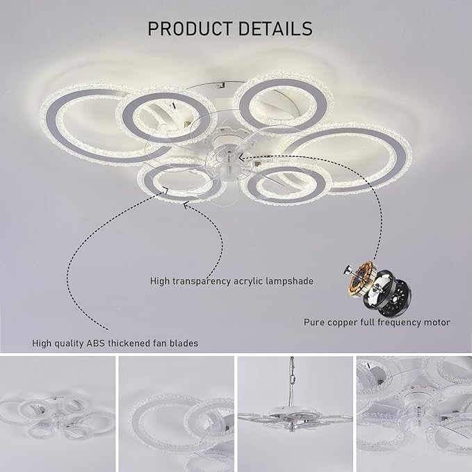 76CM Smart Ceiling Light with Fan DC Motor 6 Gear Reversible Bedroom Ceiling Fan with Lighting LED Dimmable Quiet Modern