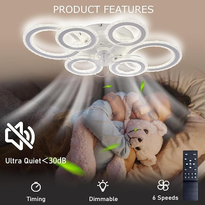 76CM Smart Ceiling Light with Fan DC Motor 6 Gear Reversible Bedroom Ceiling Fan with Lighting LED Dimmable Quiet Modern