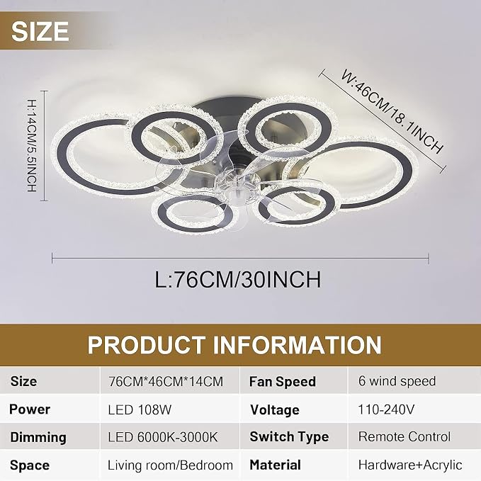 76CM Smart Ceiling Light with Fan DC Motor 6 Gear Reversible Bedroom Ceiling Fan with Lighting LED Dimmable Quiet Modern