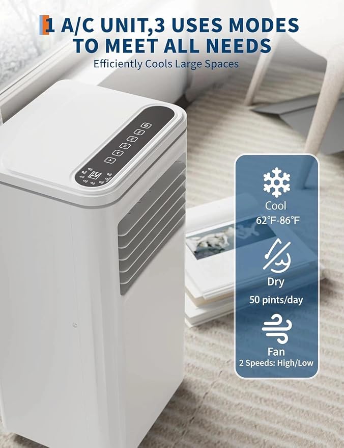 8,000 BTU AC Unit, 3-in-1 Portable Air Conditioner with Cooling, Dehumidifier & Fan for Rooms up to 350 sq.ft, Remote