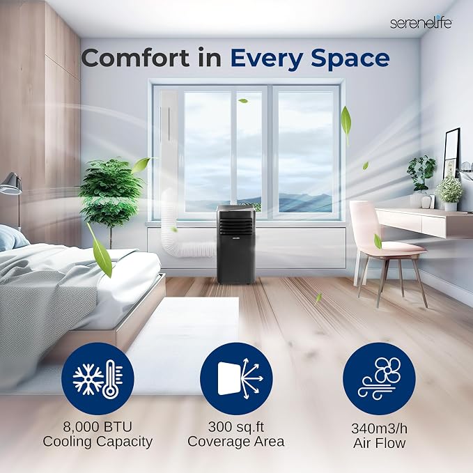 8,000 BTU Portable Air Conditioner, 115V Compact Room Air Conditioner with Dehumidifier & Fan, Window Mount Kit Included