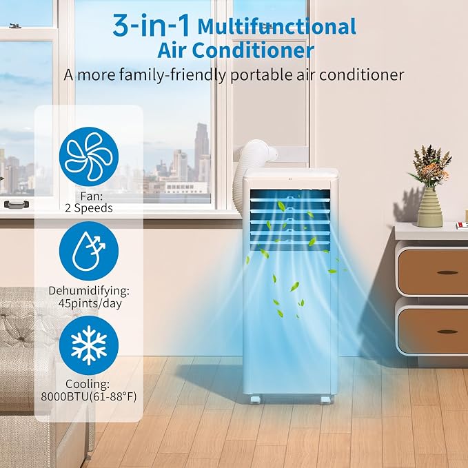 8,000 BTU Portable Air Conditioner, 3-In-1 AC Unit with Cooling, Dehumidifier, Fan Function, Standing Air Conditioner for