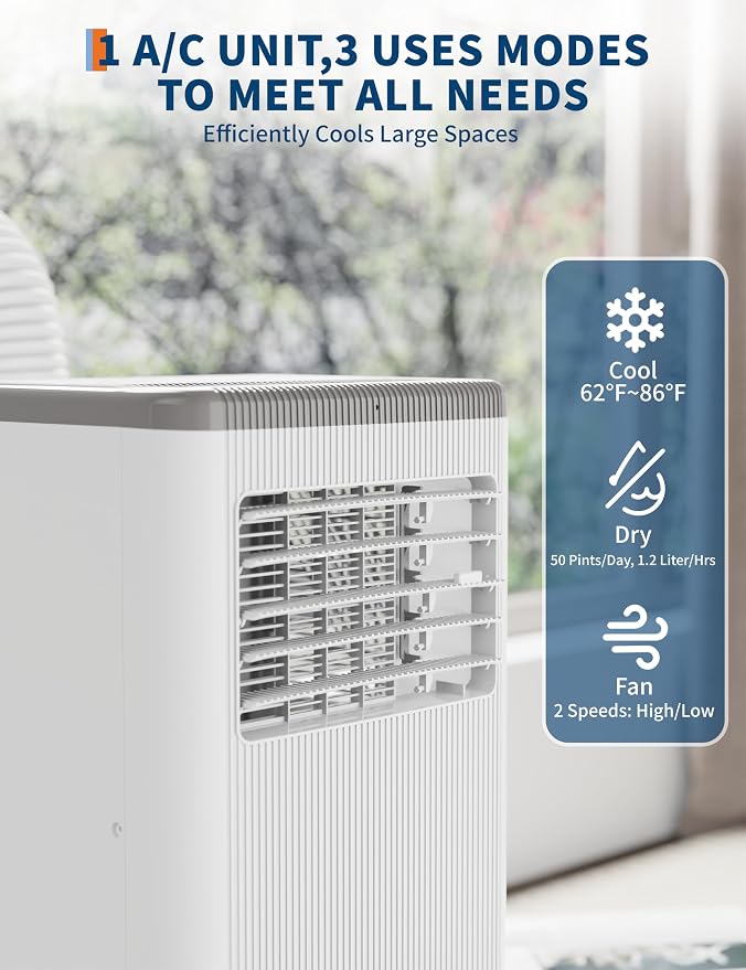 8,000 BTU Portable Air Conditioner, 3-in-1 AC Unit with Remote, 24H Timer, Cools, Dehumidifies & Fans, Low Noise, Energy