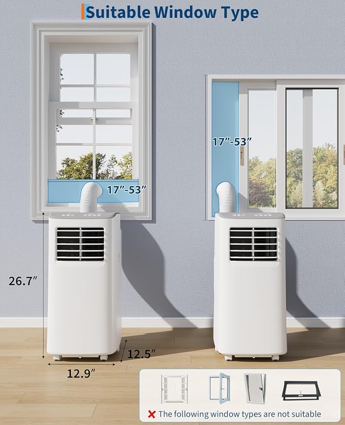 8,000 BTU Portable Air Conditioner, 3-in-1 Cooling, Dehumidifier & Fan, Quiet, Cools Rooms Up to 350 Sq.Ft, Includes Window