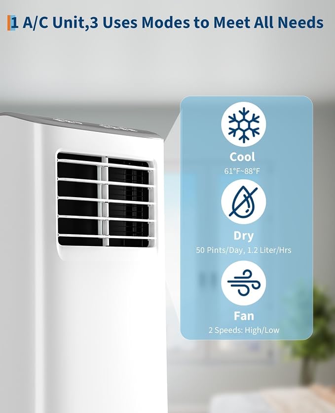 8,000 BTU Portable Air Conditioner, 3-in-1 Cooling, Dehumidifier & Fan, Quiet, Cools Rooms Up to 350 Sq.Ft, Includes Window