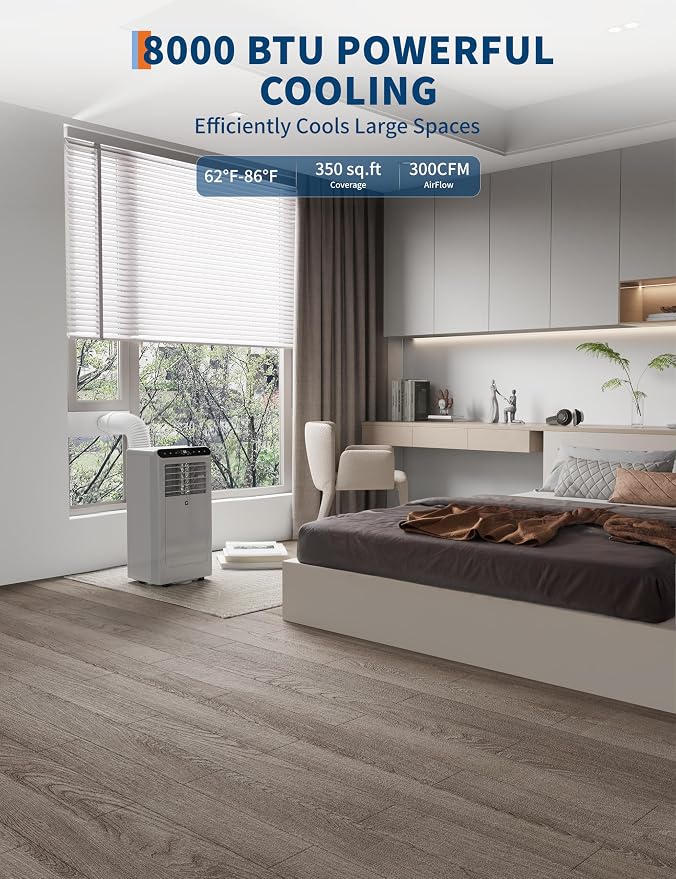 8,000 BTU Portable Air Conditioner, 3-in-1 Portable AC Unit with Fan & Dehumidifier, Room Air Conditioner Cools up to 350