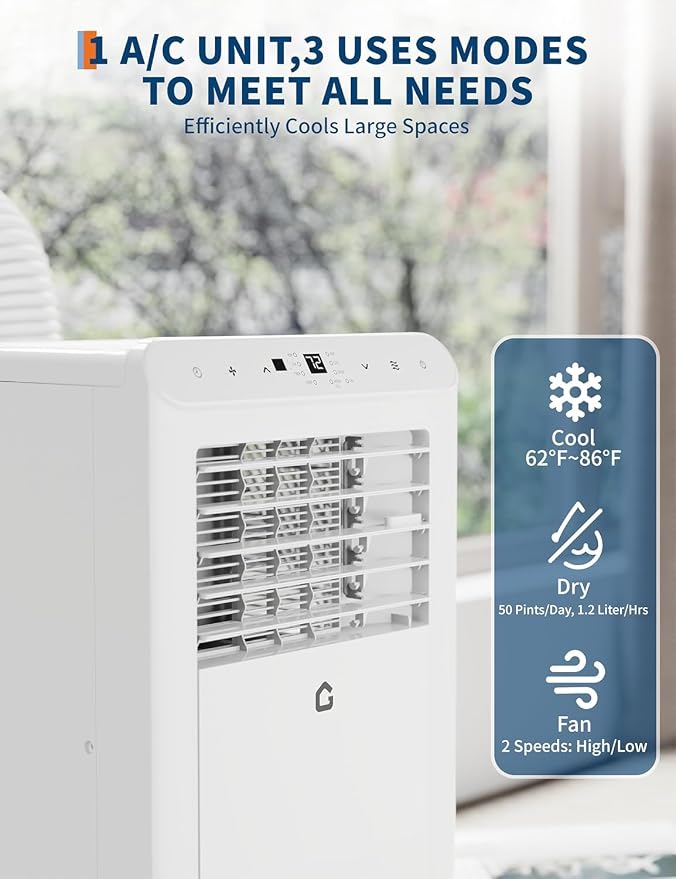 8,000 BTU Portable Air Conditioner, 3-in-1 Portable AC Unit with Cool, Dehumidifier & Fan Modes, Covers Rooms up to 350