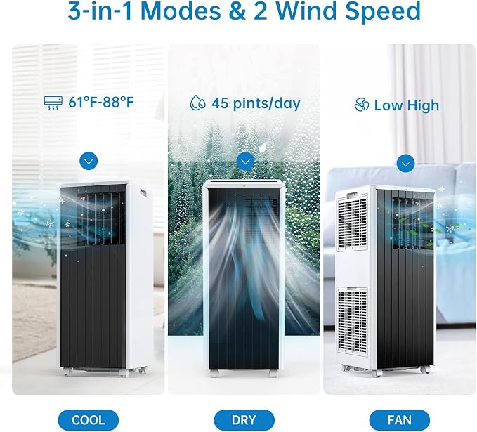 8,000 BTU Portable Air Conditioner, Air Conditioners Cools Up to 350 Sq. Ft, 3 in-1 AC Unit with Cool/Fan/Dehumidifier Mode
