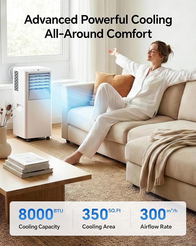 8,000 BTU Portable Air Conditioner - Cools Up to 350 Sq. Ft., 3-in-1 Portable AC Unit for Rooms with Remote Control, Sleep