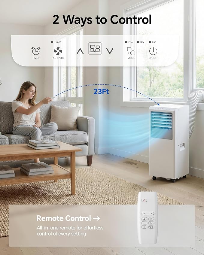 8,000 BTU Portable Air Conditioner - Cools Up to 350 Sq. Ft., 3-in-1 Portable AC Unit for Rooms with Remote Control, Sleep
