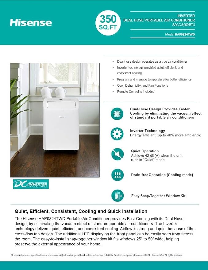 8,000 BTU Portable Air Conditioner with Dual Hose & Inverter, 350 Sq Ft, Wi-Fi, ConnectLife App Google and Alexa, 3 operating