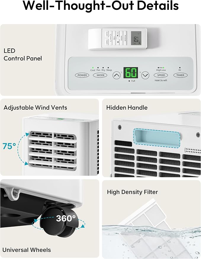 8,000 BTU Portable Air Conditioners, 4-in-1 Air Conditioner Portable Up to 350 Sq.Ft., Portable AC Unit with Cool, Fan