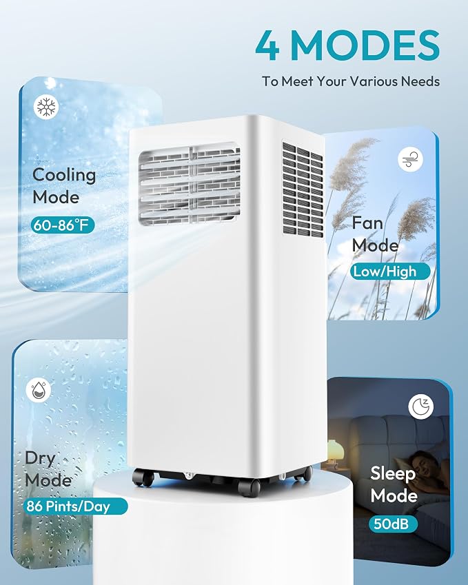 8,000 BTU Portable Air Conditioners, 4-in-1 Air Conditioner Portable Up to 350 Sq.Ft., Portable AC Unit with Cool, Fan