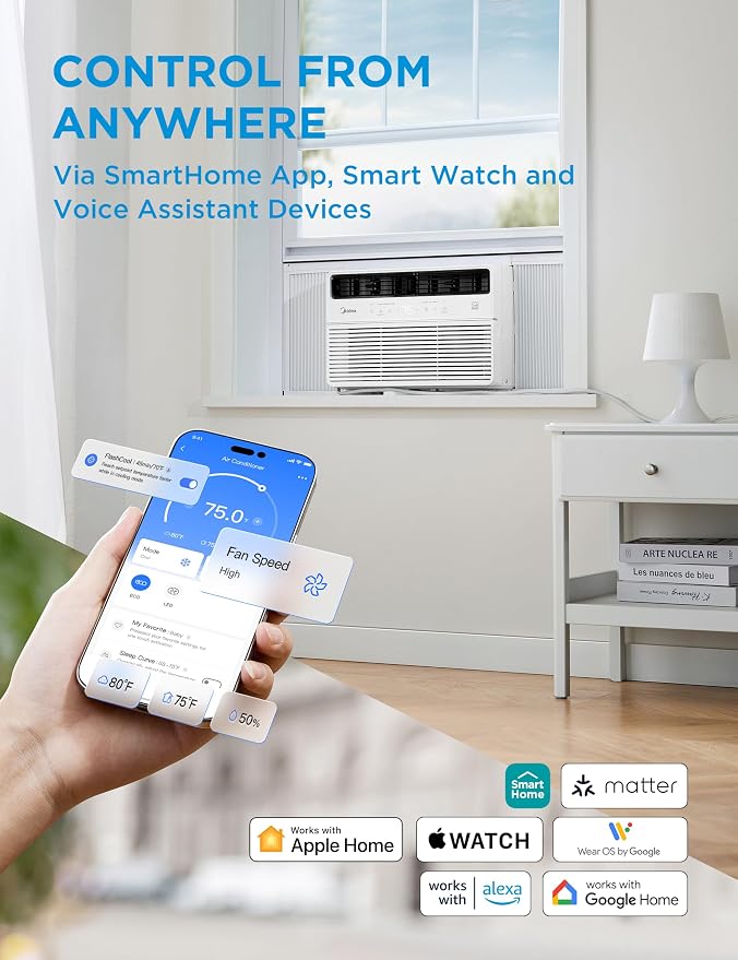 8,000 BTU Smart Inverter Window Air Conditioner with APP, Alexa Control, 115V AC Unit Cools up to 350 Sq. Ft, Quiet