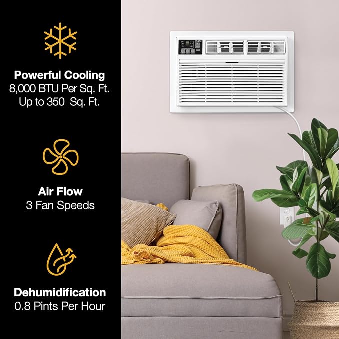 8,000 BTU Through the Wall Air Conditioner, 115V, Cools up to 350 Sq. Ft. for Living Room, Bedroom, Kitchen with Dehumidifier