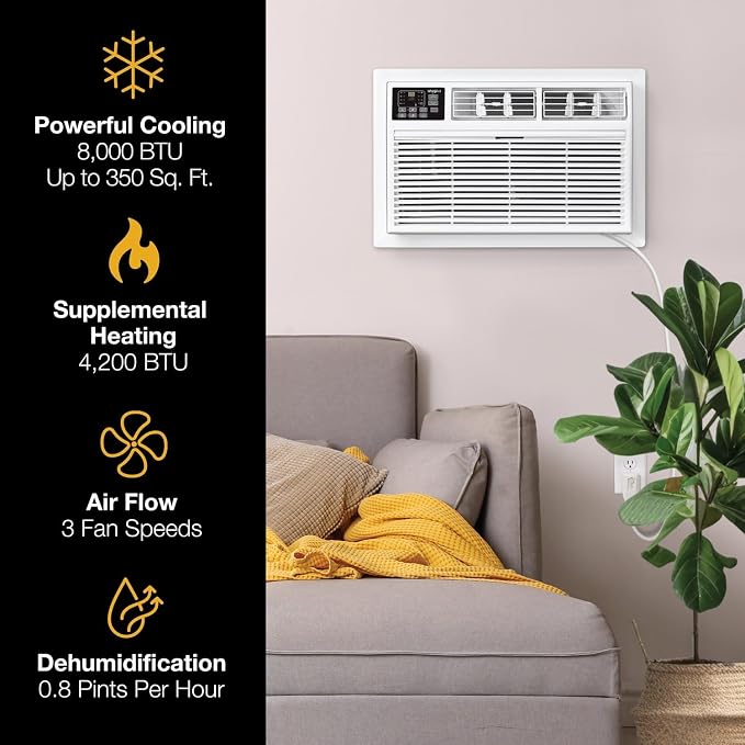 8,000 BTU Through-the-Wall Air Conditioner with Supplemental Heat, Dehumidifier and Remote Control, Wall AC Unit for